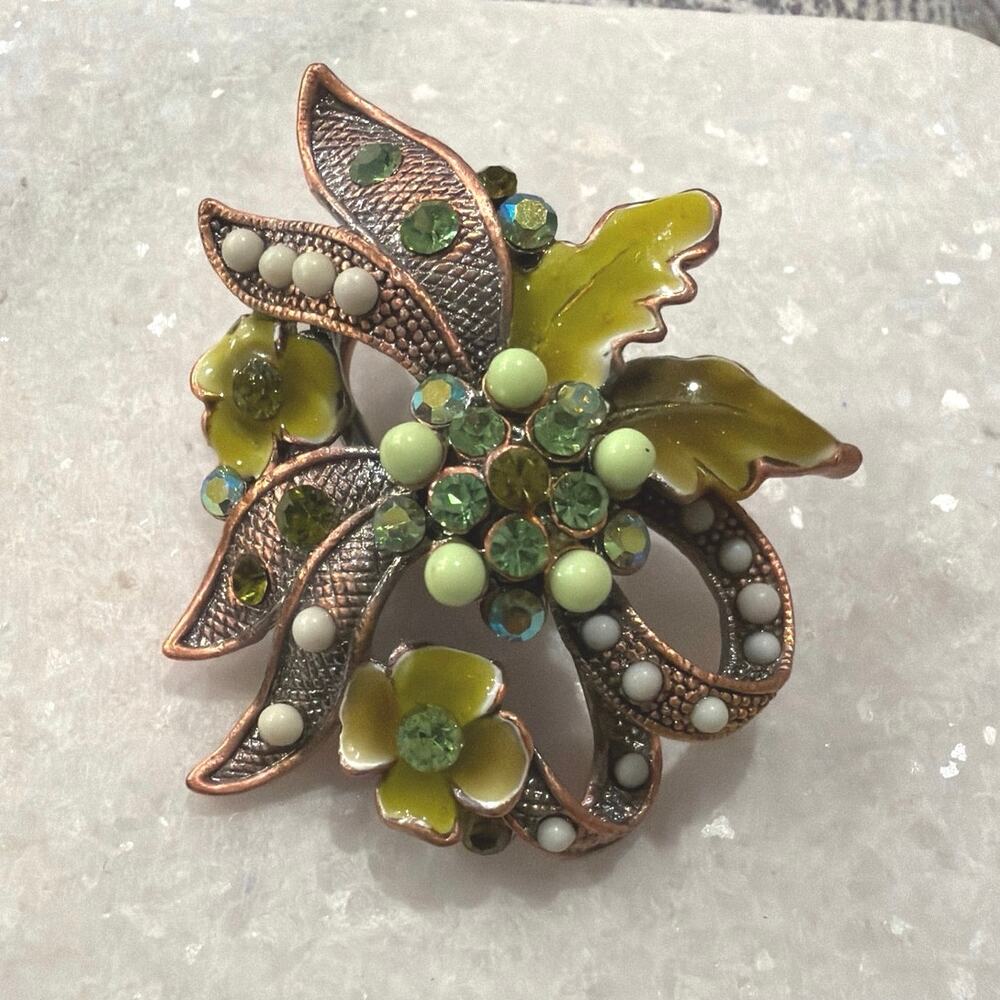 Vintage green and brass tone scarf rhinestones & enamel